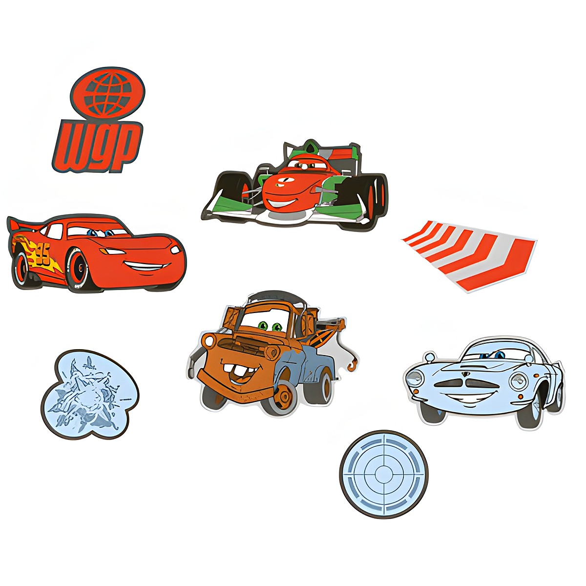 decofun Mini-Wanddekoration Pixar Cars 2, WGP-Logo, Rennwagen Francesco Bernoulli, Hook, Agent Finn McMissile und Radar-Symbol
