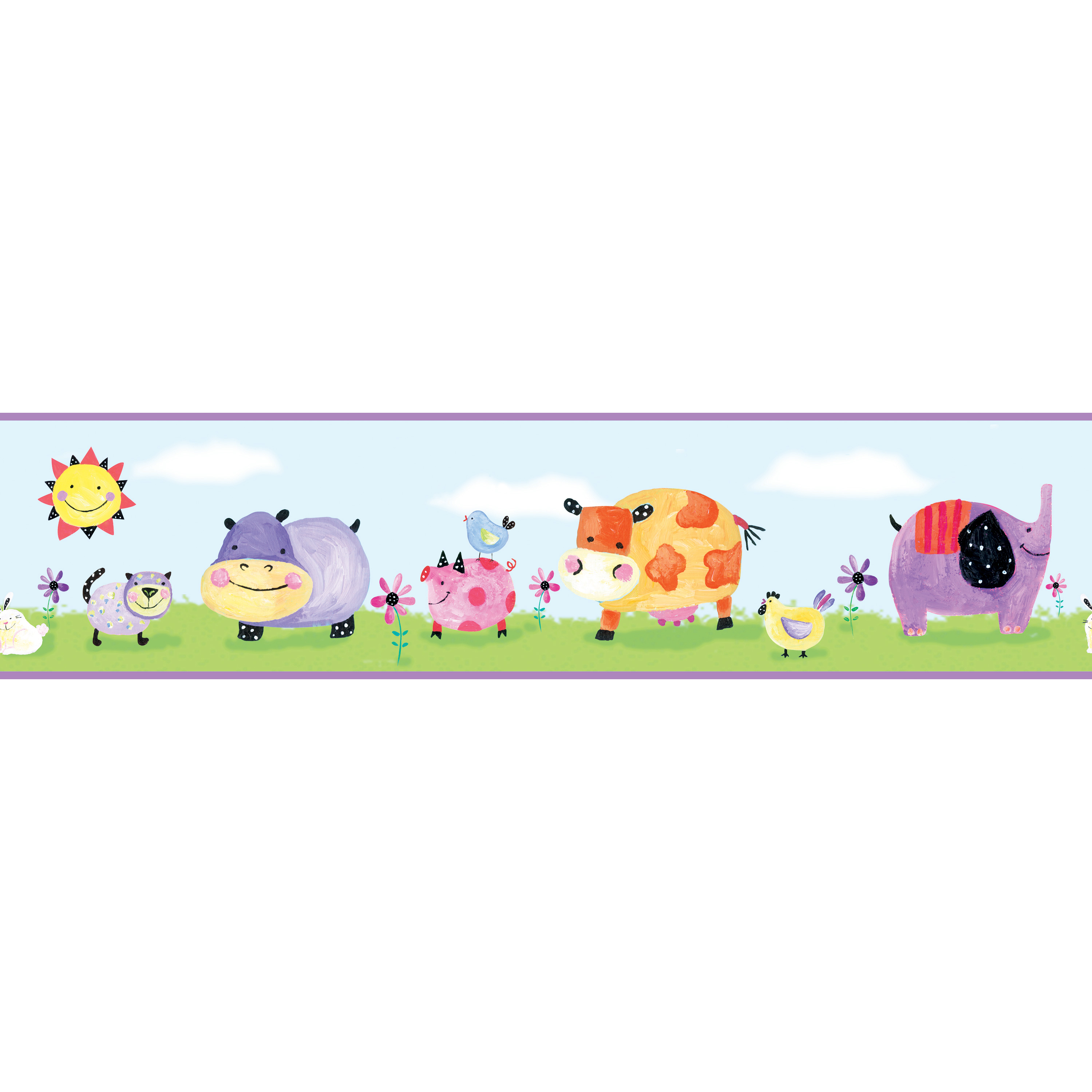 RoomMates border Polka Dot Piggy, close-up of the colourful strip with a hippo, sheep, cow and elephant
