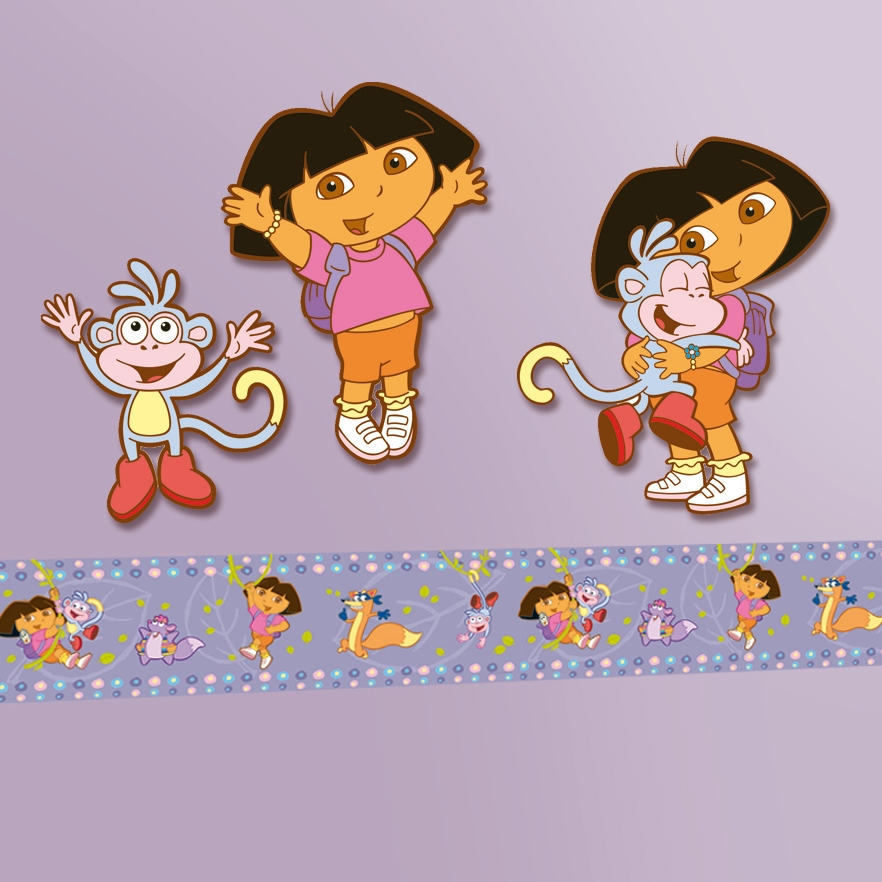 decofun wall decoration Dora the Explorer lifestyle photo, waving Dora, Boots and Dora holding Boots above the border on a purple wall