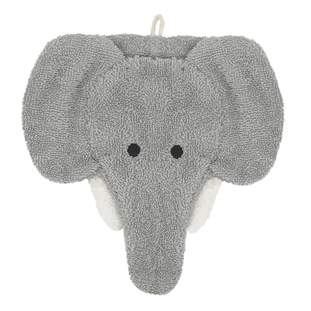 Fürnis organic washcloth elephant Ella, grey shape with big ears, white trunk tip and black bead eyes