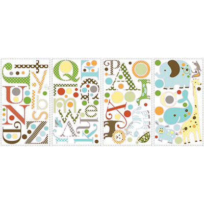 RoomMates wall decal Animal Alphabet, four decal sheets with patterned letters and animal motifs on a white background