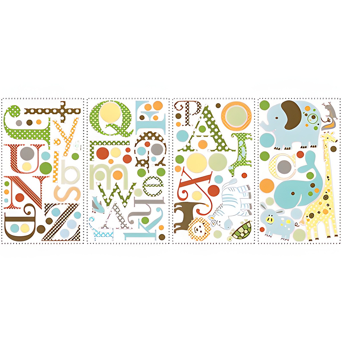 RoomMates Wandsticker Animal Alphabet, vier Klebebögen mit gemusterten Buchstaben und Tiermotiven auf weißem Untergrund
