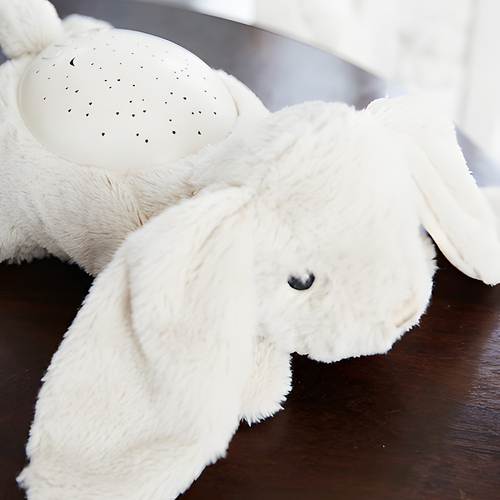Cloud b sleep aid Twilight Buddies rabbit, close-up of the star projector and the floppy ears