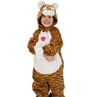 Trudi Kinderkostüm Tiger, Nahaufnahme der Kapuze mit Tigergesicht, Ohren und gestreiftem Fell