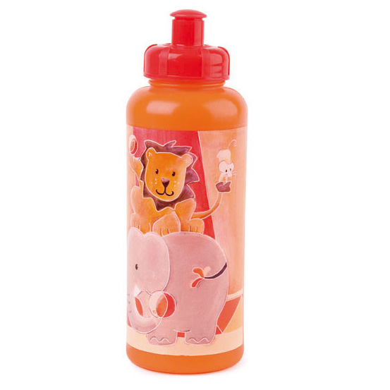 Egmont Toys drinking bottle circus, orange bottle with red push-pull spout and lion and elephant motif