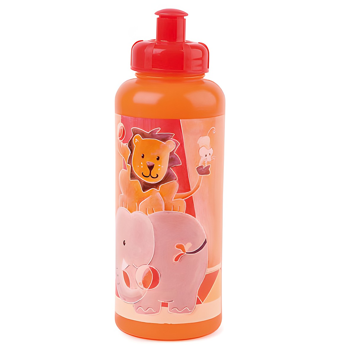Egmont Toys drinking bottle circus, orange bottle with red push-pull spout and lion and elephant motif