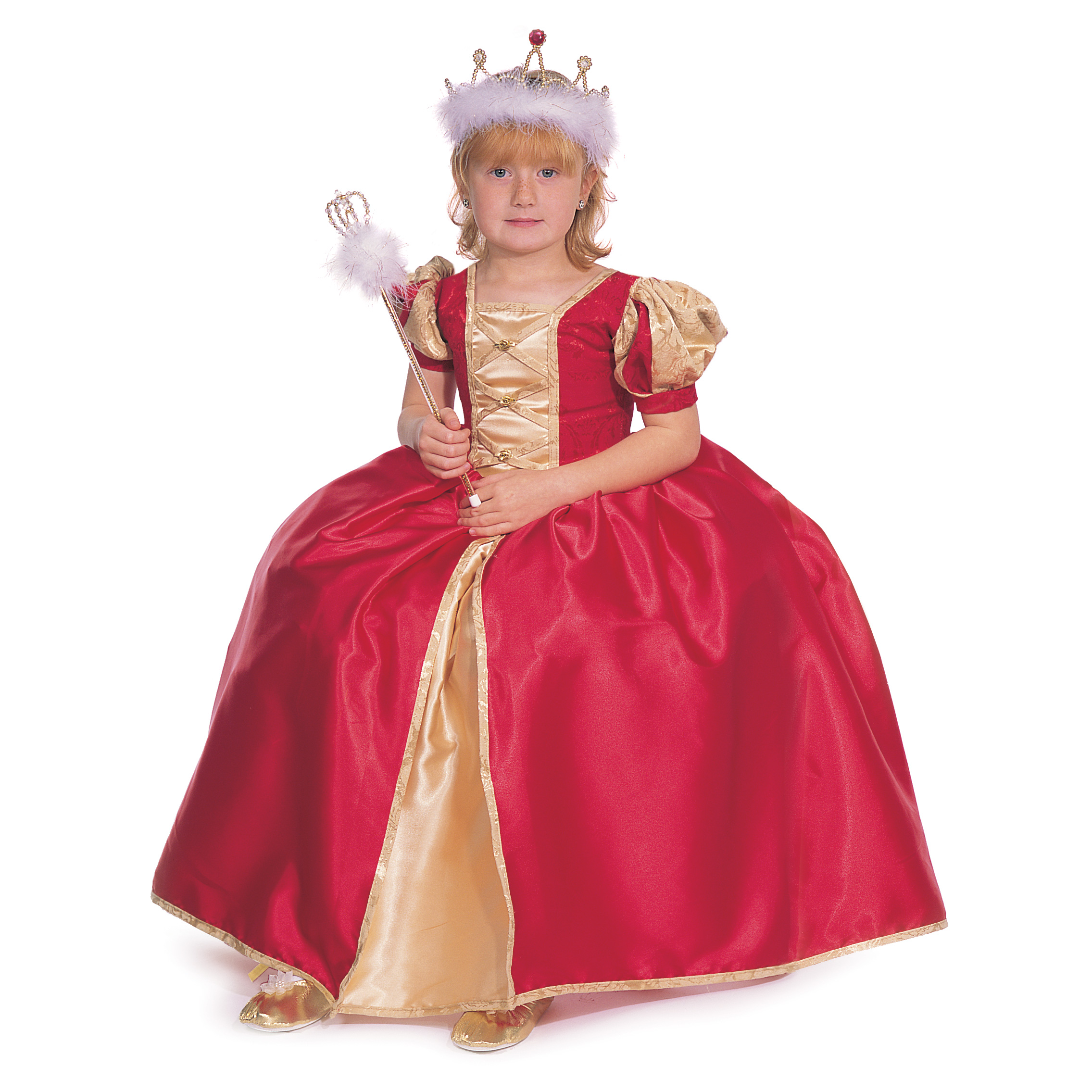 great-pretenders Königinnenkleid rot-gold, Prinzessinnenkleid mit Puffärmeln und Krone, Mädchen mit Zepter, Größe M
