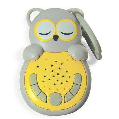 Cloud b sleep aid Sweet Dreamz on the Go owl, grey device with yellow star pattern and clip, front view