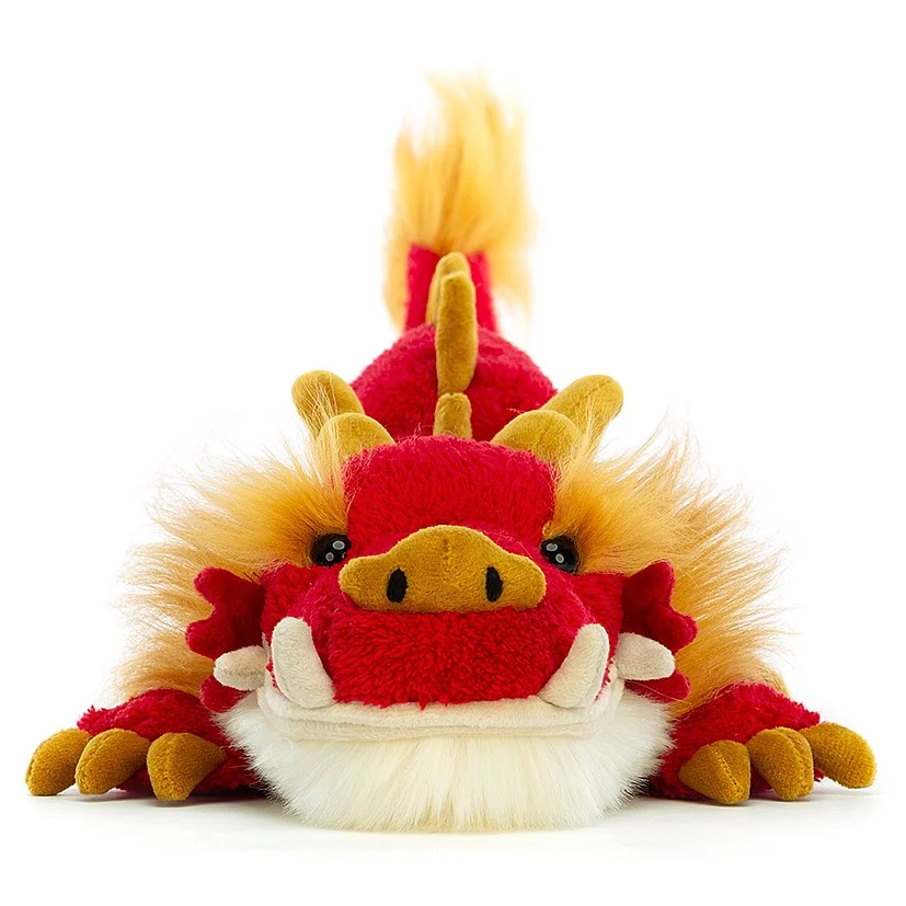Jellycat Kuscheltier Festival Dragon, Frontansicht des Kopfes mit weißem Bart und goldener Mähne