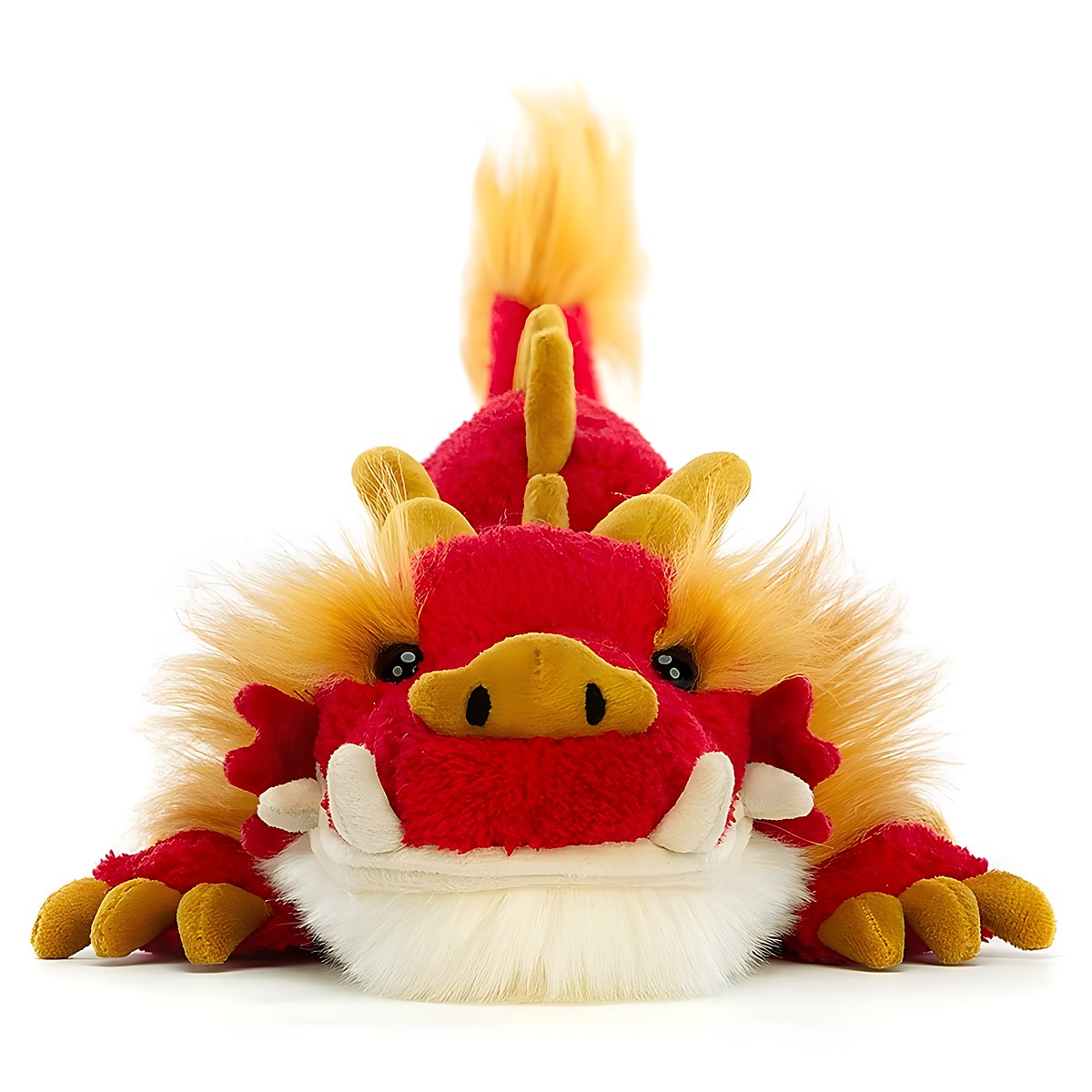 Jellycat Kuscheltier Festival Dragon, Frontansicht des Kopfes mit weißem Bart und goldener Mähne