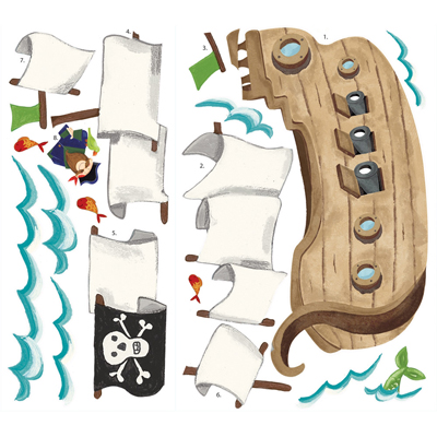 RoomMates Wandbild Pirate Ship, Klebebogen mit Segeln, Totenkopfflagge und Kapitäns-Motiv auf weißem Untergrund