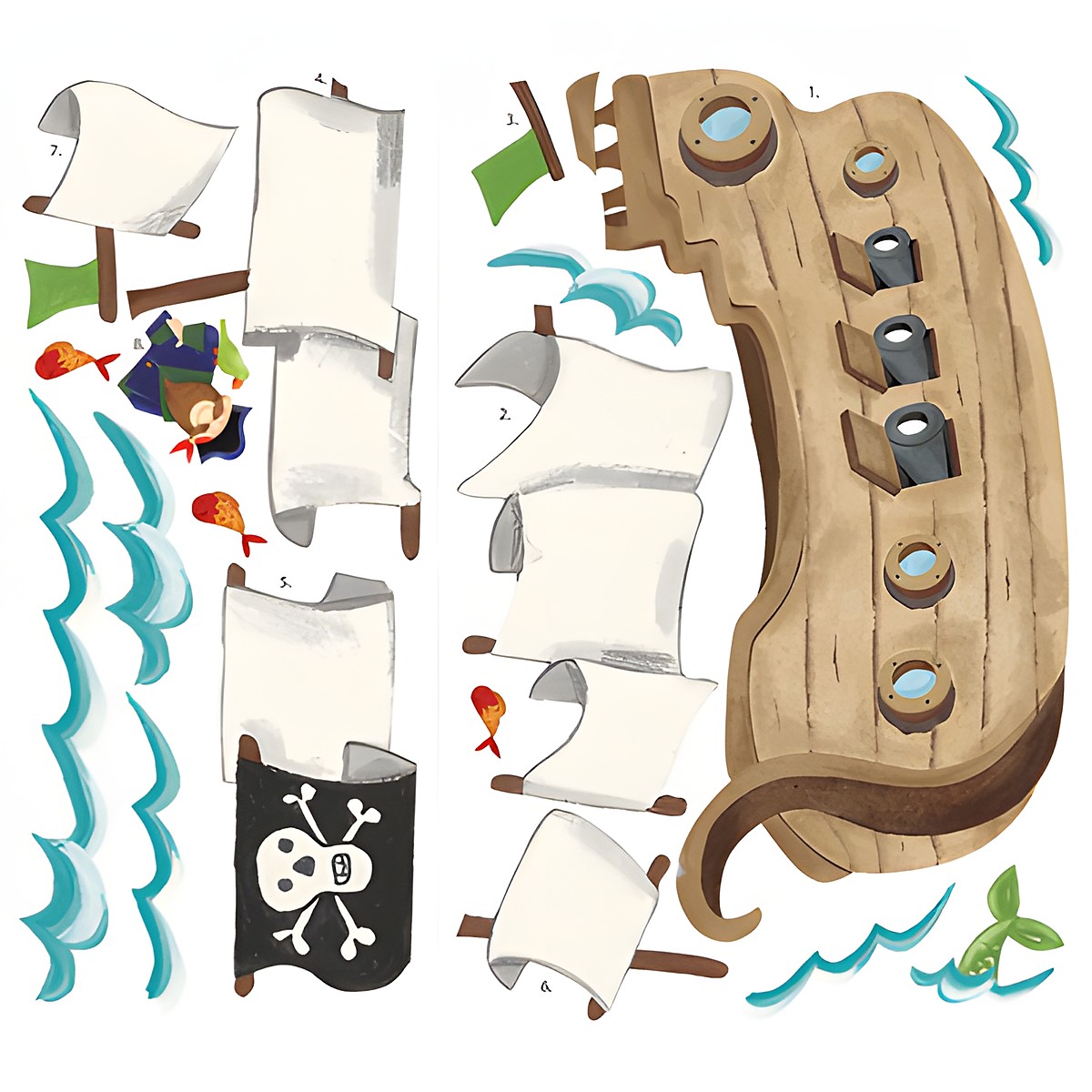 RoomMates Wandbild Pirate Ship, Klebebogen mit Segeln, Totenkopfflagge und Kapitäns-Motiv auf weißem Untergrund