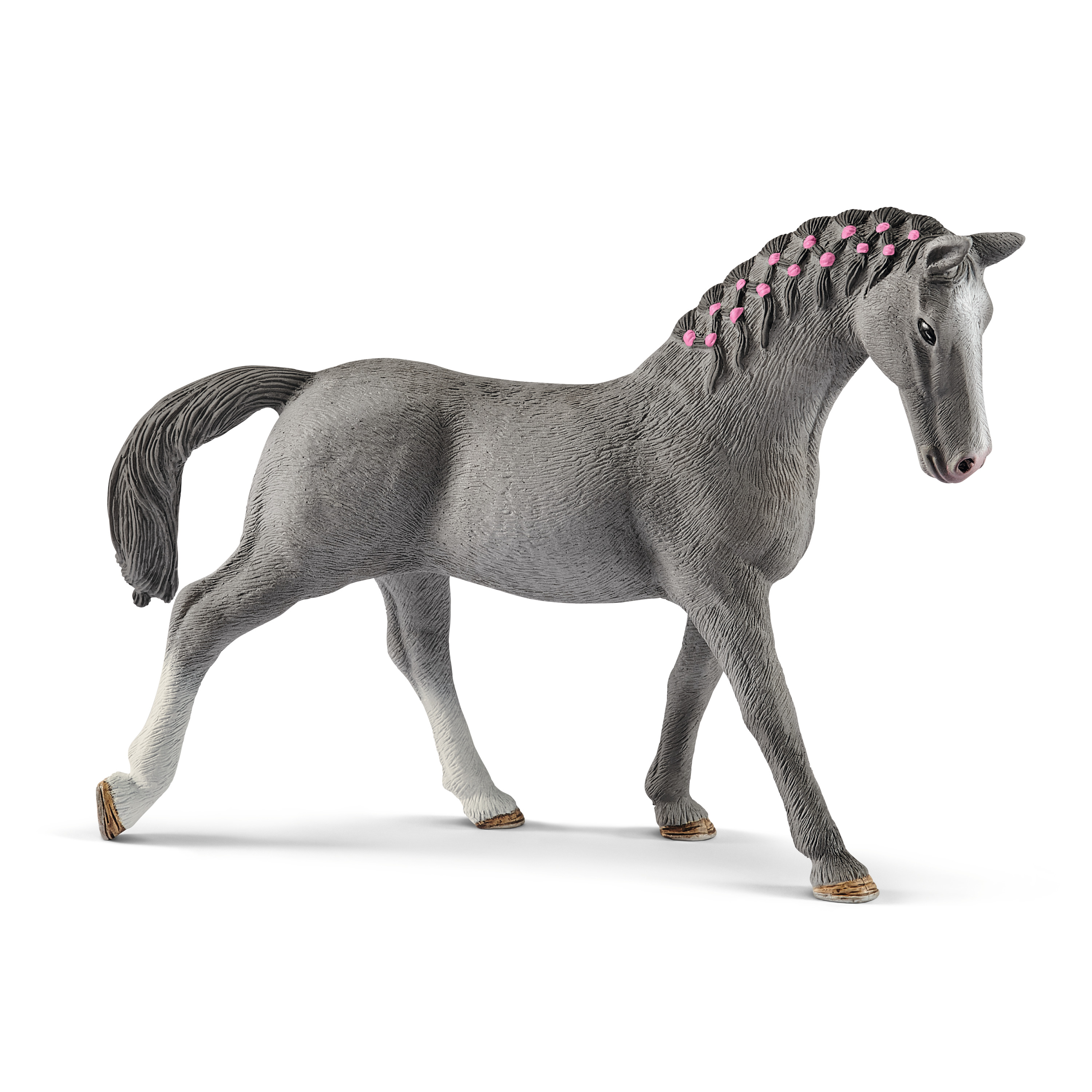 Schleich Horse Club Trakehner mare, toy figure with grey coat and a braided mane with pink ribbons, walking