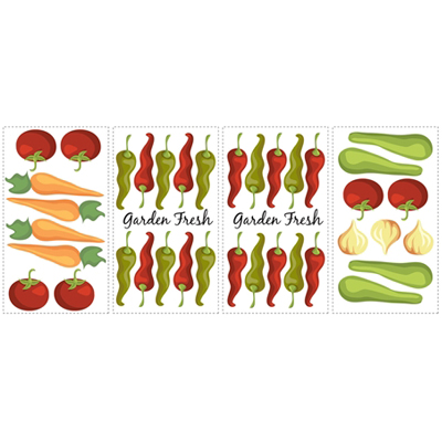 RoomMates wall decal Garden Fresh, four decal sheets with vegetable motifs such as tomatoes, carrots, chillies and onions on a white background