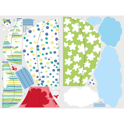 RoomMates wall decal Hot Air Balloons, decal sheet with dotted, striped and floral balloon envelope sections plus clouds on a grey background