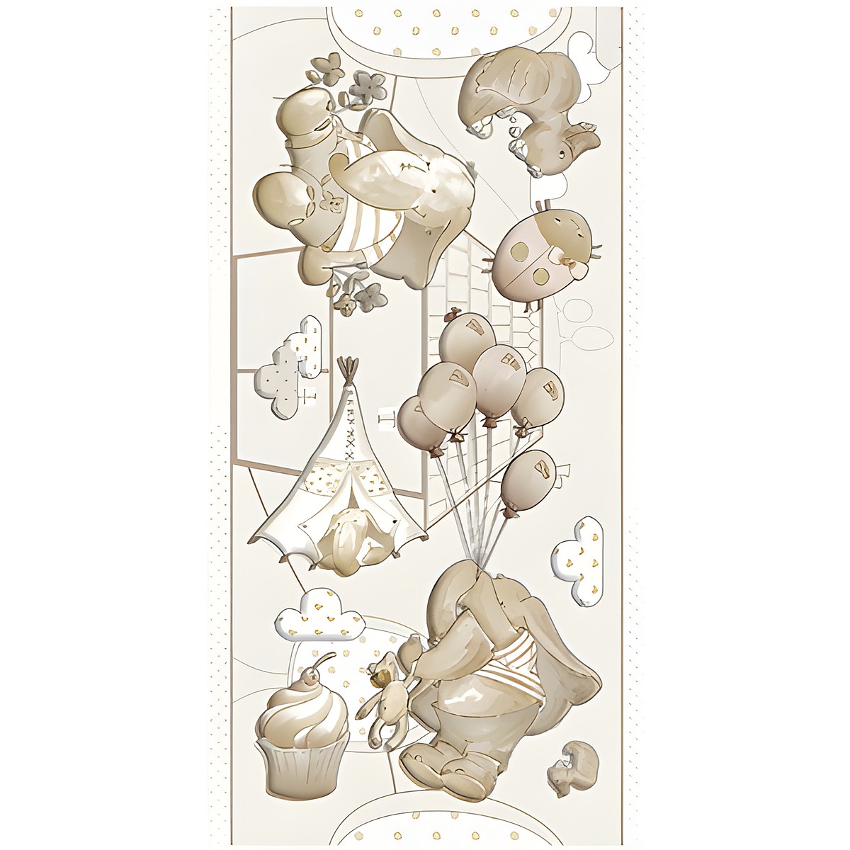 graham & brown 3D-Wanddekoration Eleflump, Aufkleberbogen mit Elefant, Luftballons, Zelt und Cupcake in Beige und Creme