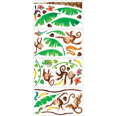 RoomMates wall decal Monkey's, four decal sheets with monkey, banana leaf and bird motifs on a white background