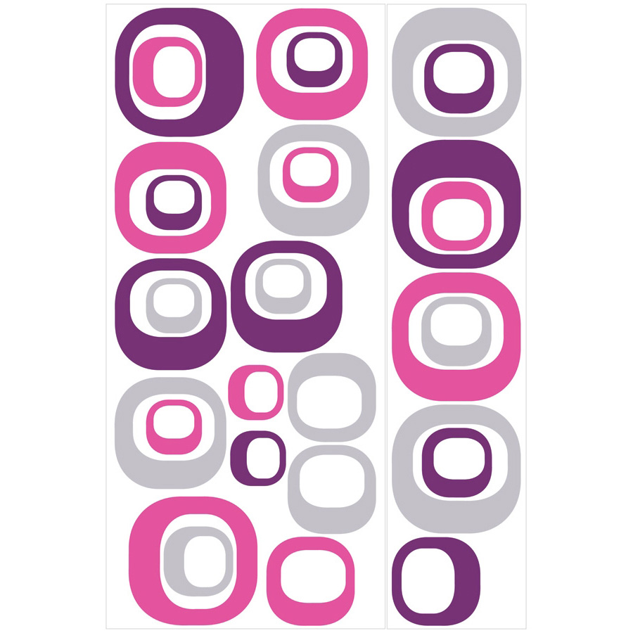 RoomMates wall decal Modern Ovals, decal sheet with pink, purple and grey oval ring motifs on a white background