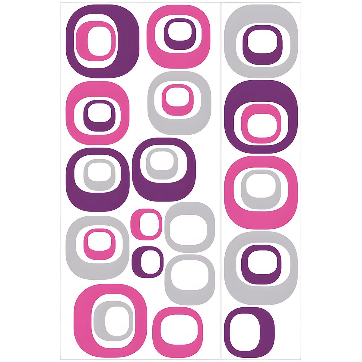 RoomMates Wandbild Modern Ovals, Klebebogen mit pinken, lila und grauen Ovalring-Motiven auf weißem Untergrund