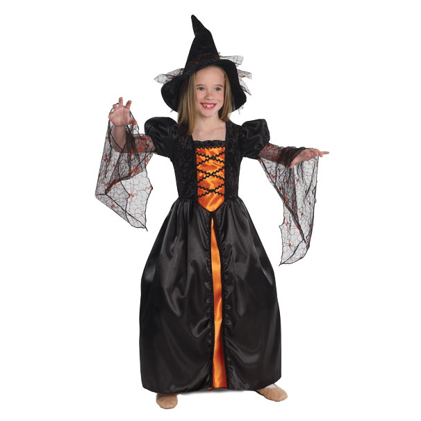 great-pretenders Hexenkleid, schwarz-oranges Kleid mit Spinnennetz-Ärmeln und passendem Hut, Größe L
