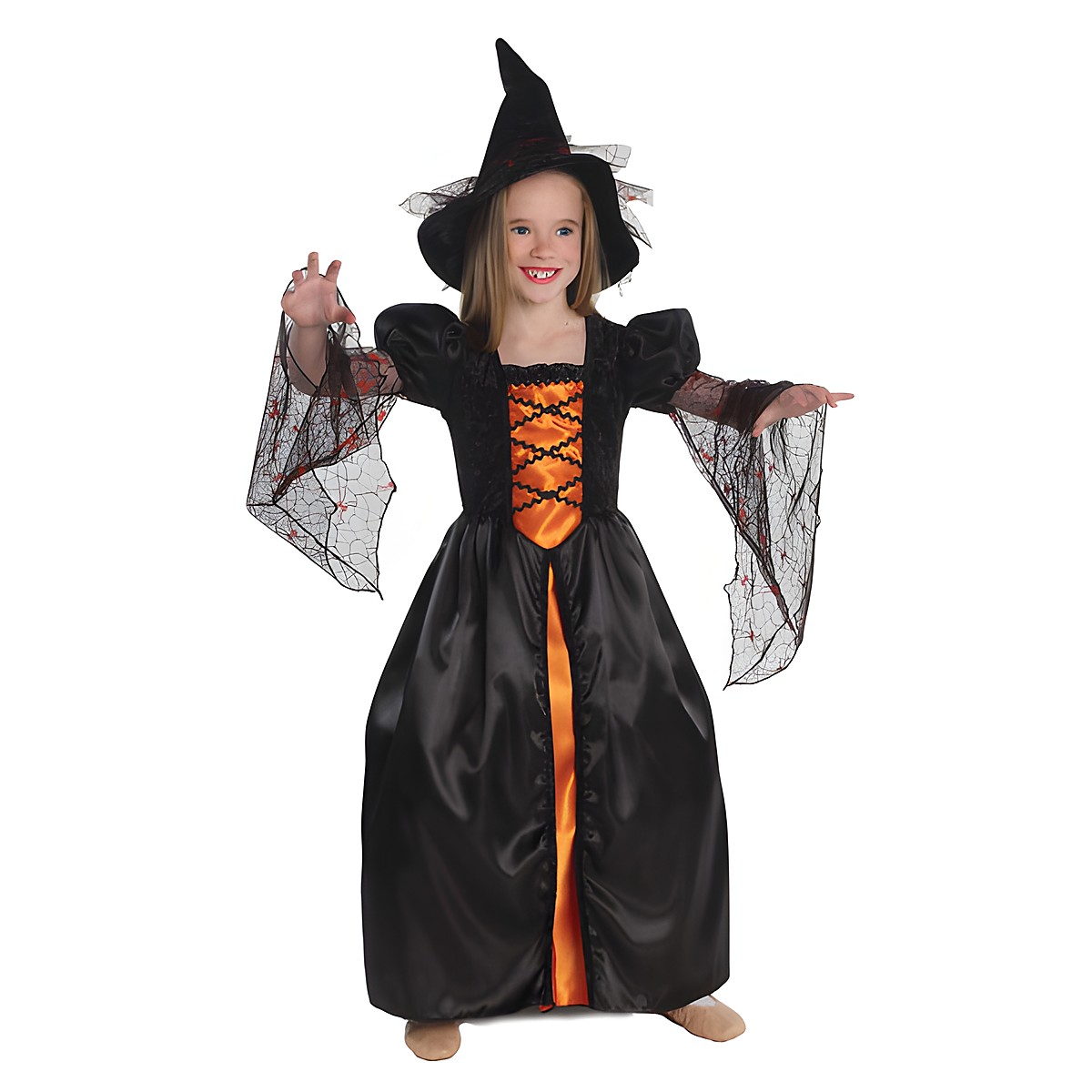 great-pretenders witch dress, black and orange dress with spider-web sleeves and matching hat, size L
