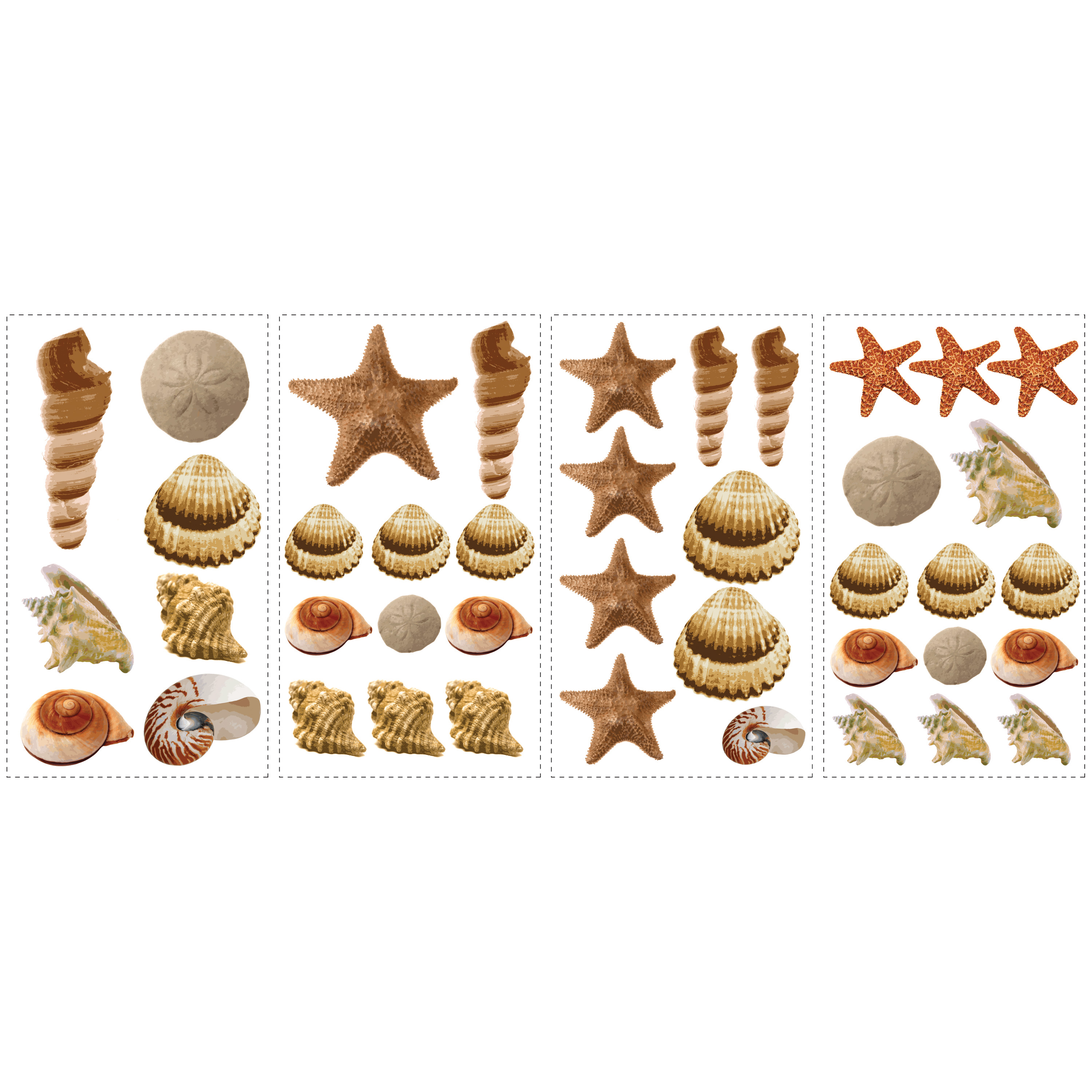 RoomMates wall decal Sea Shells Peel & Stick, four decal sheets with photorealistic shell and starfish motifs on a white background