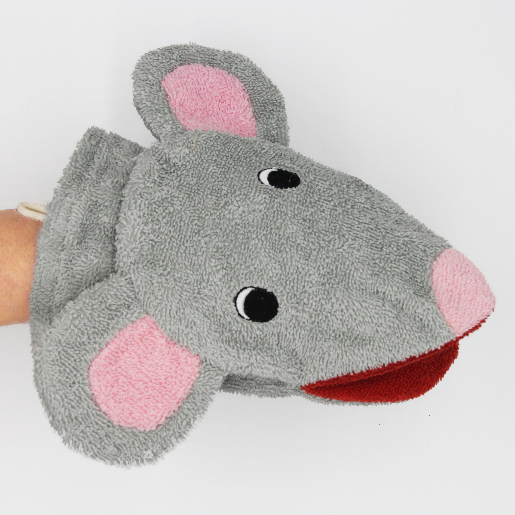 Fürnis organic washcloth mouse Mona worn as mitt on arm, open mouth showing red lining