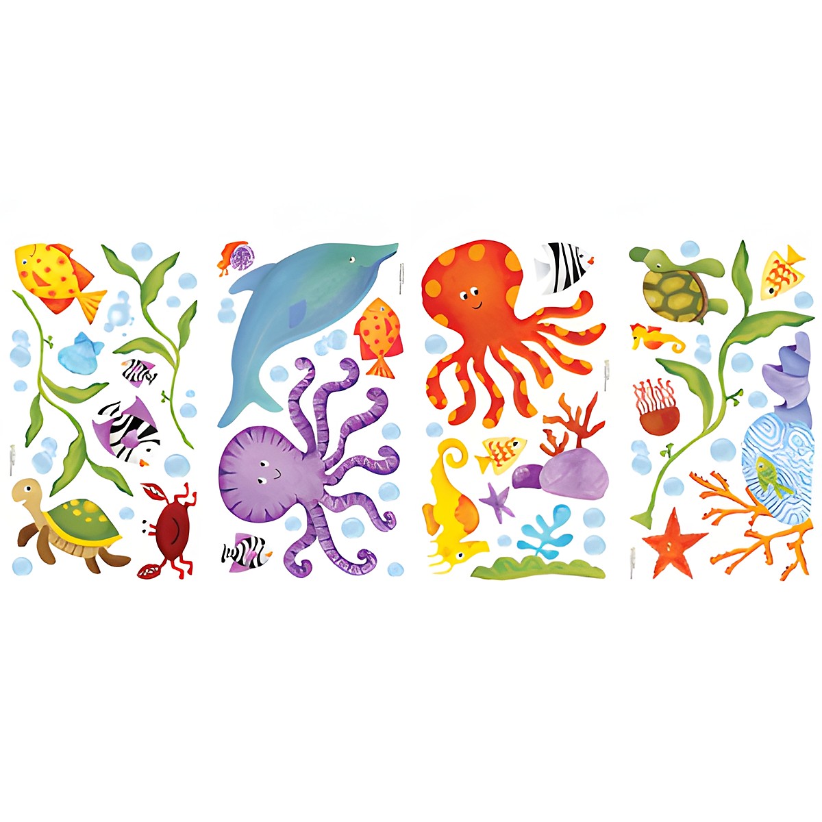 RoomMates wall decal Adventures Under the Sea, four decal sheets with individual sea creature motifs on a white background
