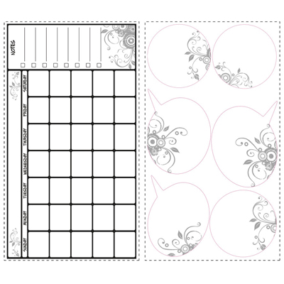 RoomMates rewritable wall calendar, decal sheet with a calendar grid, note field and floral-decorated speech bubbles on a white background
