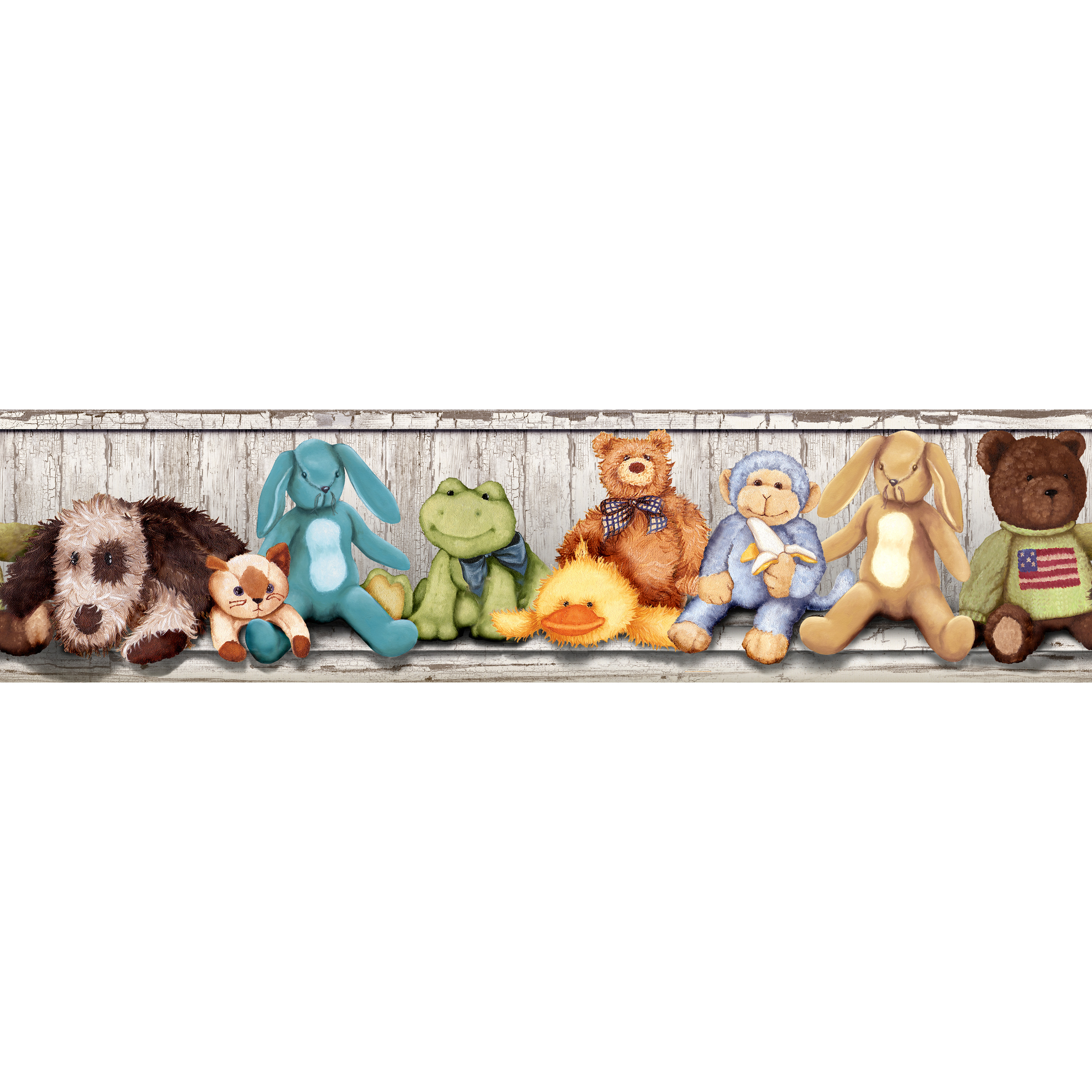 RoomMates Bordüre Cuddle Buddies, Nahaufnahme des illustrierten Regalstreifens mit Hund, Hase, Frosch, Ente, Bär und Affe