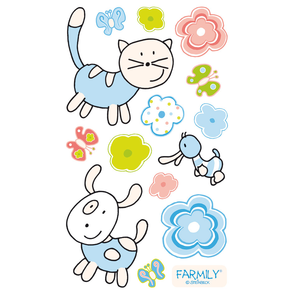Dinico sticker set Farmily, cat and dog with a small duckling, surrounded by flowers and butterflies
