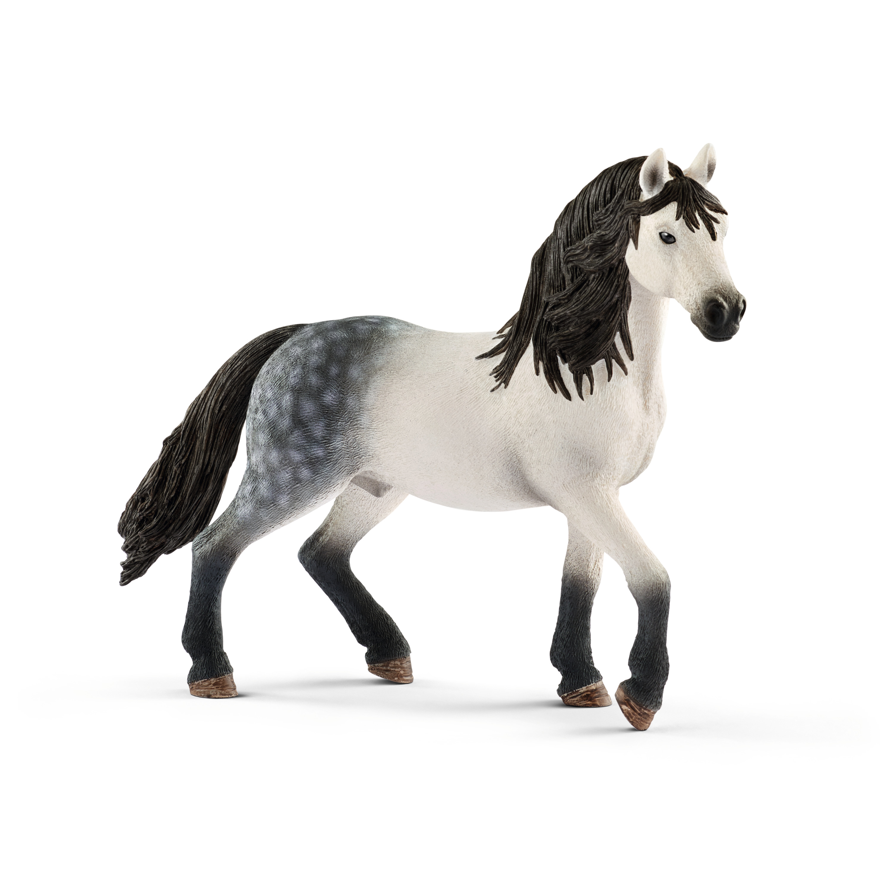 Schleich Horse Club Andalusian stallion, toy figure with grey dappled coat, black mane and white legs, walking