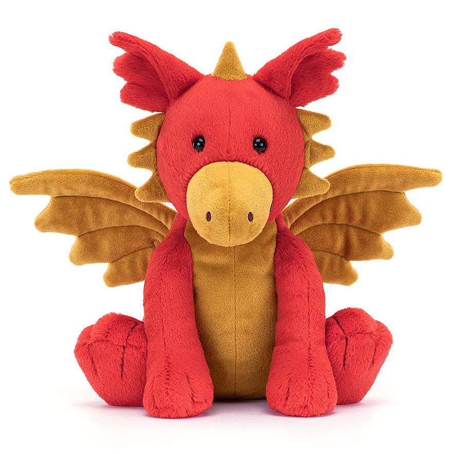Jellycat Kuscheltier Drache Darvin, rotes Plüschtier mit goldenen Flügeln und Hörnern, sitzend in Frontalansicht