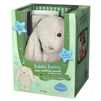 Cloud b sleep aid Bubbly Bunny, retail packaging showing bunny plush and 4 unique sounds label