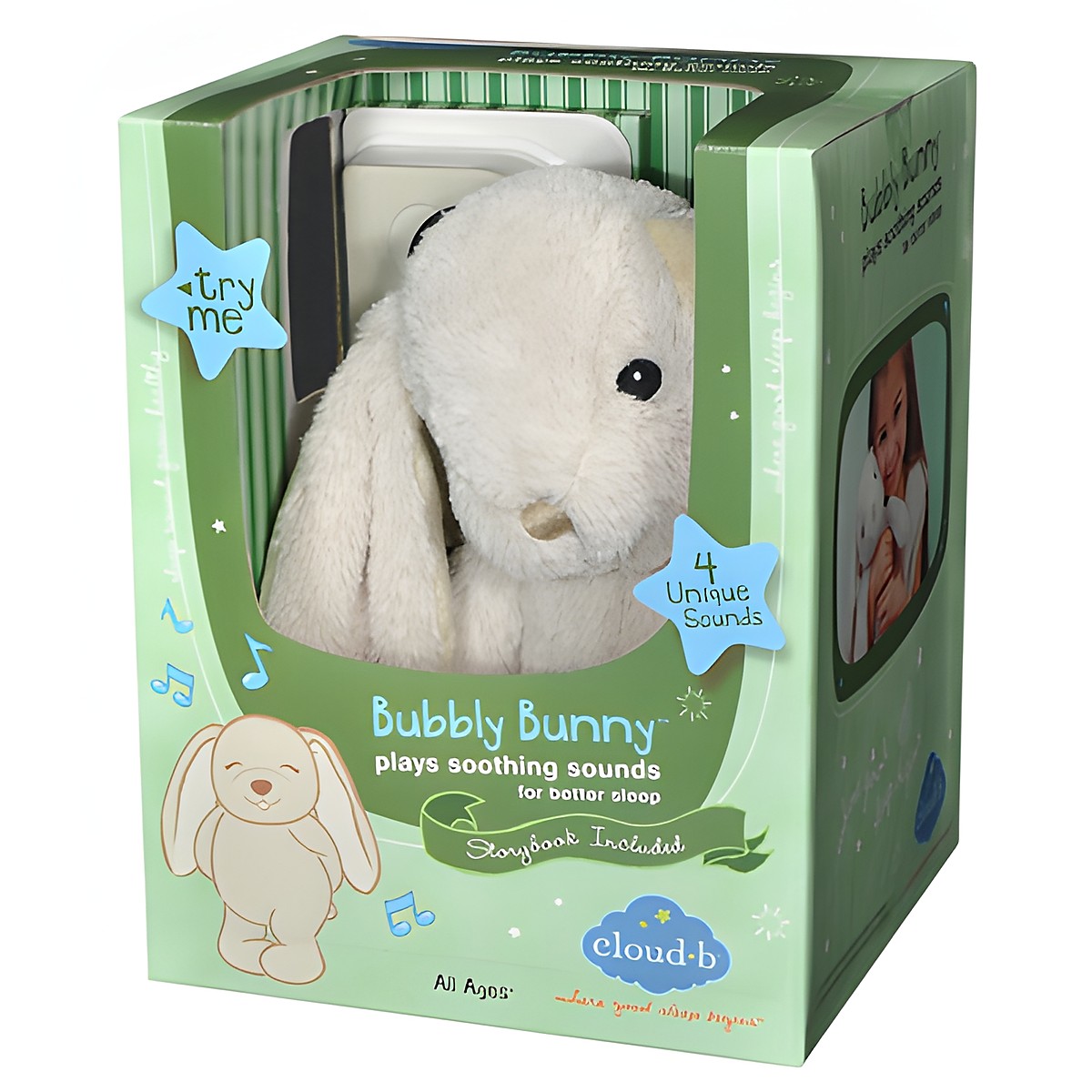 Cloud b sleep aid Bubbly Bunny, retail packaging showing bunny plush and 4 unique sounds label