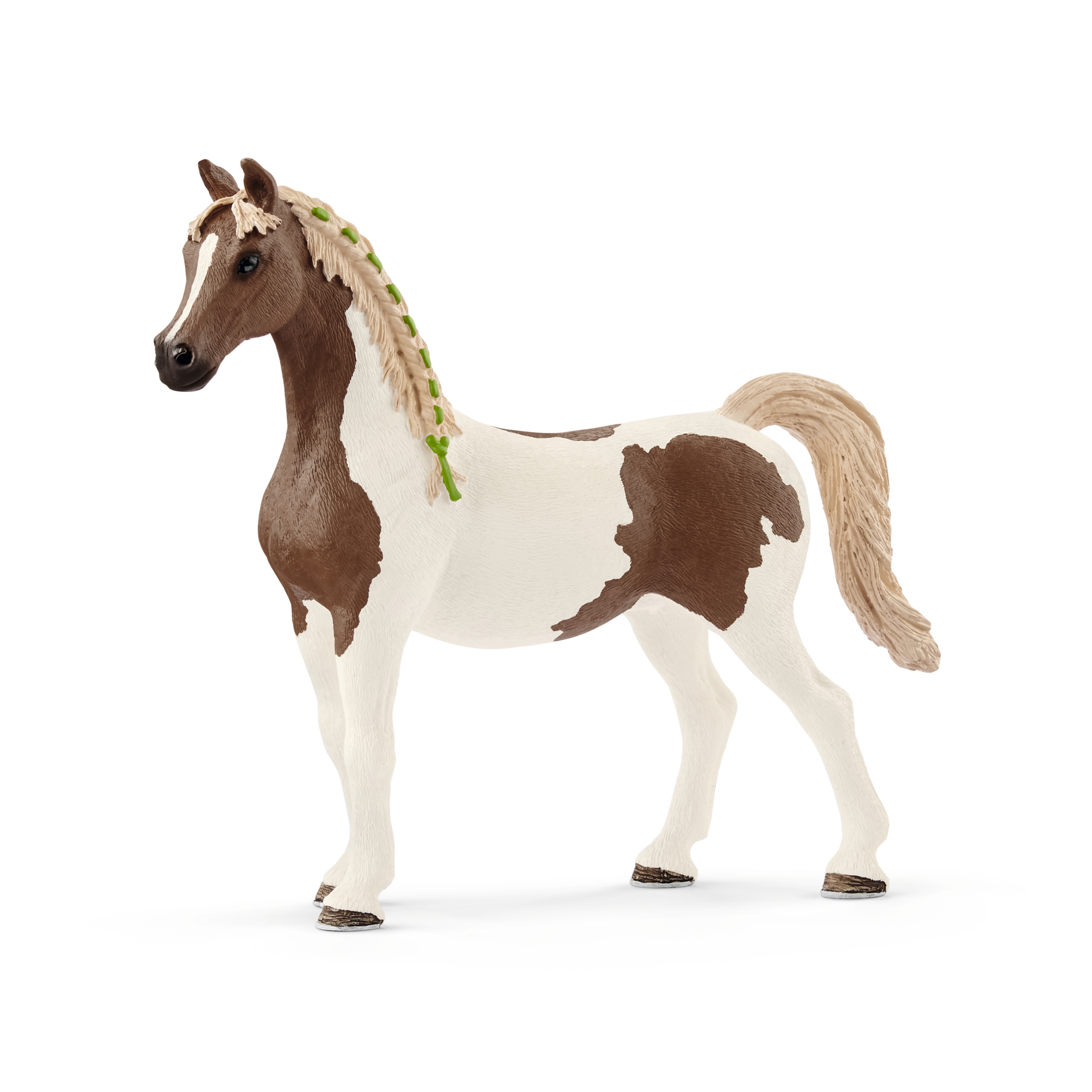 Schleich Horse Club Arabian Pinto mare, toy figure with brown and white piebald coat and braided mane, walking