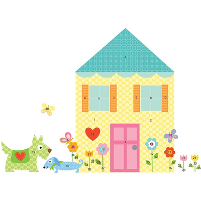 RoomMates wall decal Play House, yellow dollhouse motif with numbered parts, dogs and butterflies, isolated on a white background