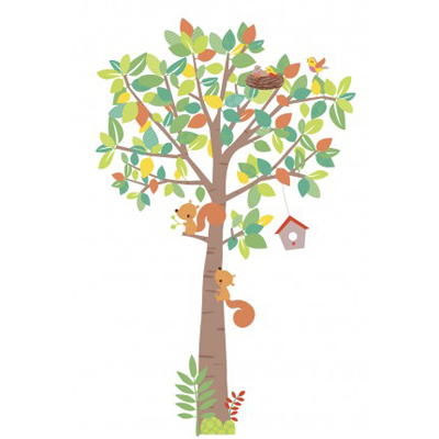 RoomMates wall decal Woodland Animals Tree, colourful tree with a squirrel and bird's nest, isolated on a white background