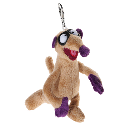 Heunec Schluesselanhaenger Erdmaennchen Jan, kleine beige Pluschfigur mit violettem Gesicht und Karabinerhaken