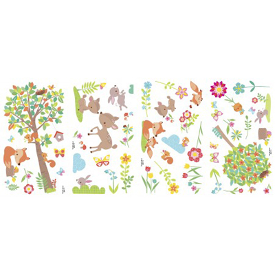 RoomMates wall decal Woodland Animals, four decal sheets with woodland animal, tree and flower motifs on a white background