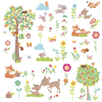 RoomMates wall decal Woodland Animals, decal sheet with tree, fox, deer and blossom motifs on a white background