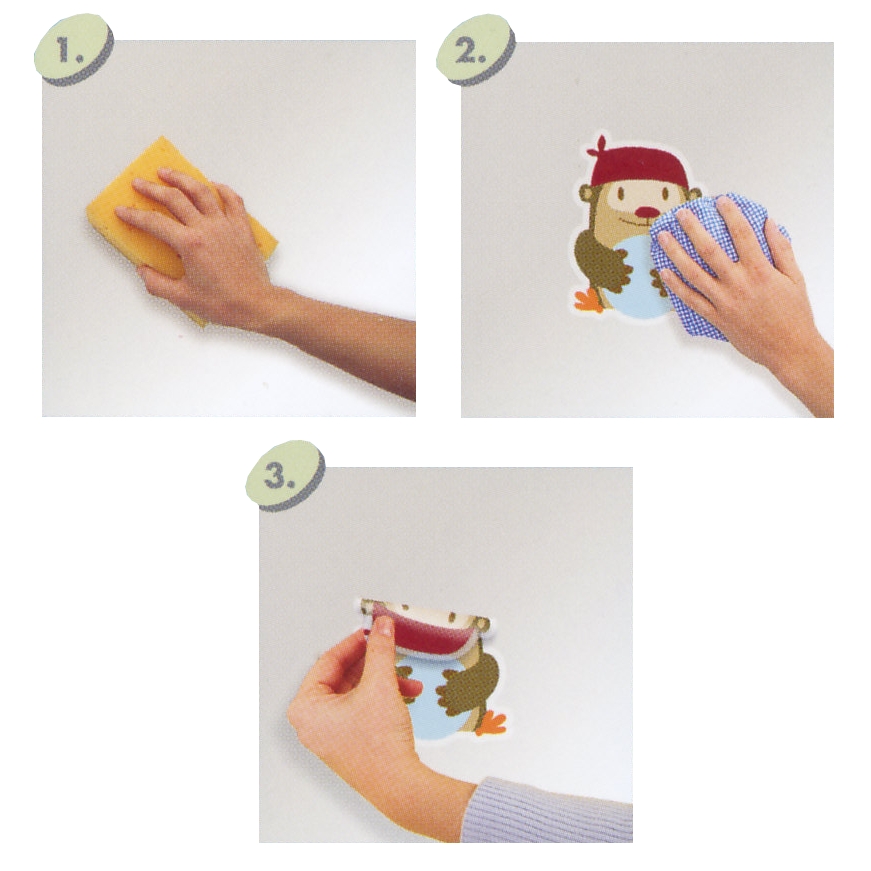 decofun wall decal Campside instructions, three steps for applying the owl sticker to the wall