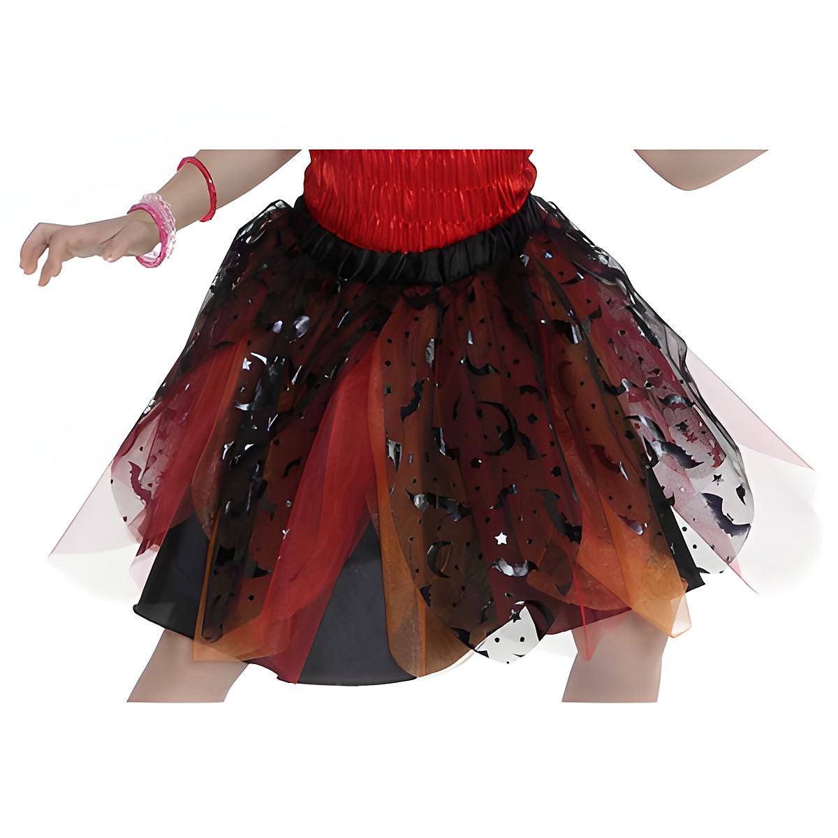 great-pretenders witch skirt, close-up of a black and orange tulle skirt with bat and star print over a red top