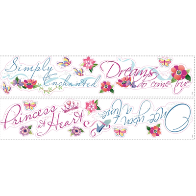 RoomMates quote wall decal Disney Princess, two decal sheets with flowing lettering and floral motifs on a white background