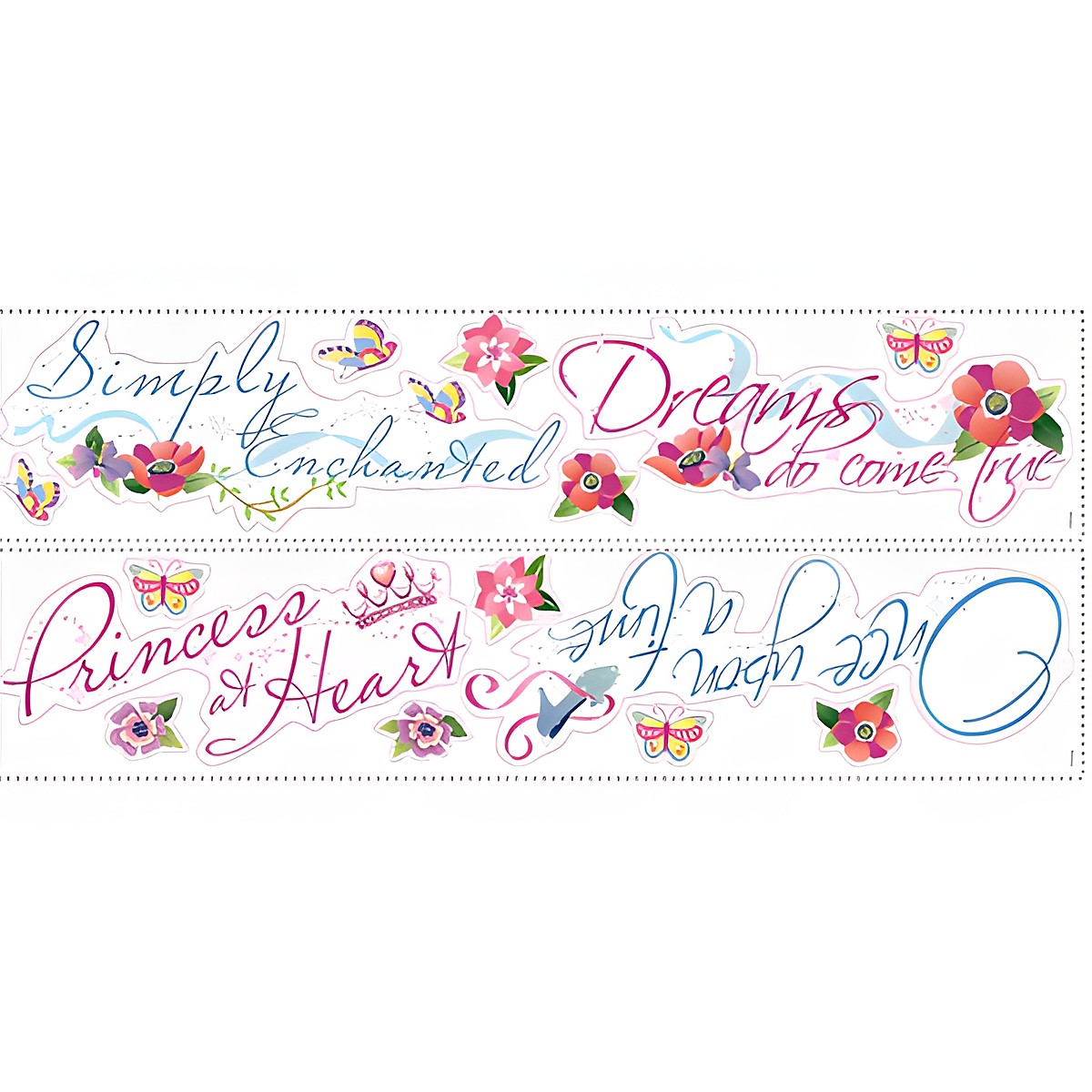 RoomMates quote wall decal Disney Princess, two decal sheets with flowing lettering and floral motifs on a white background