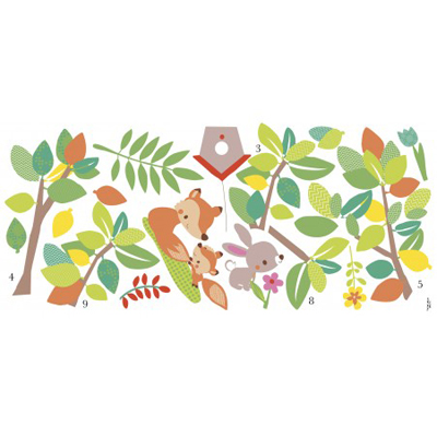 RoomMates wall decal Woodland Animals Tree, decal sheet with numbered leaf, branch and fox motifs on a white background