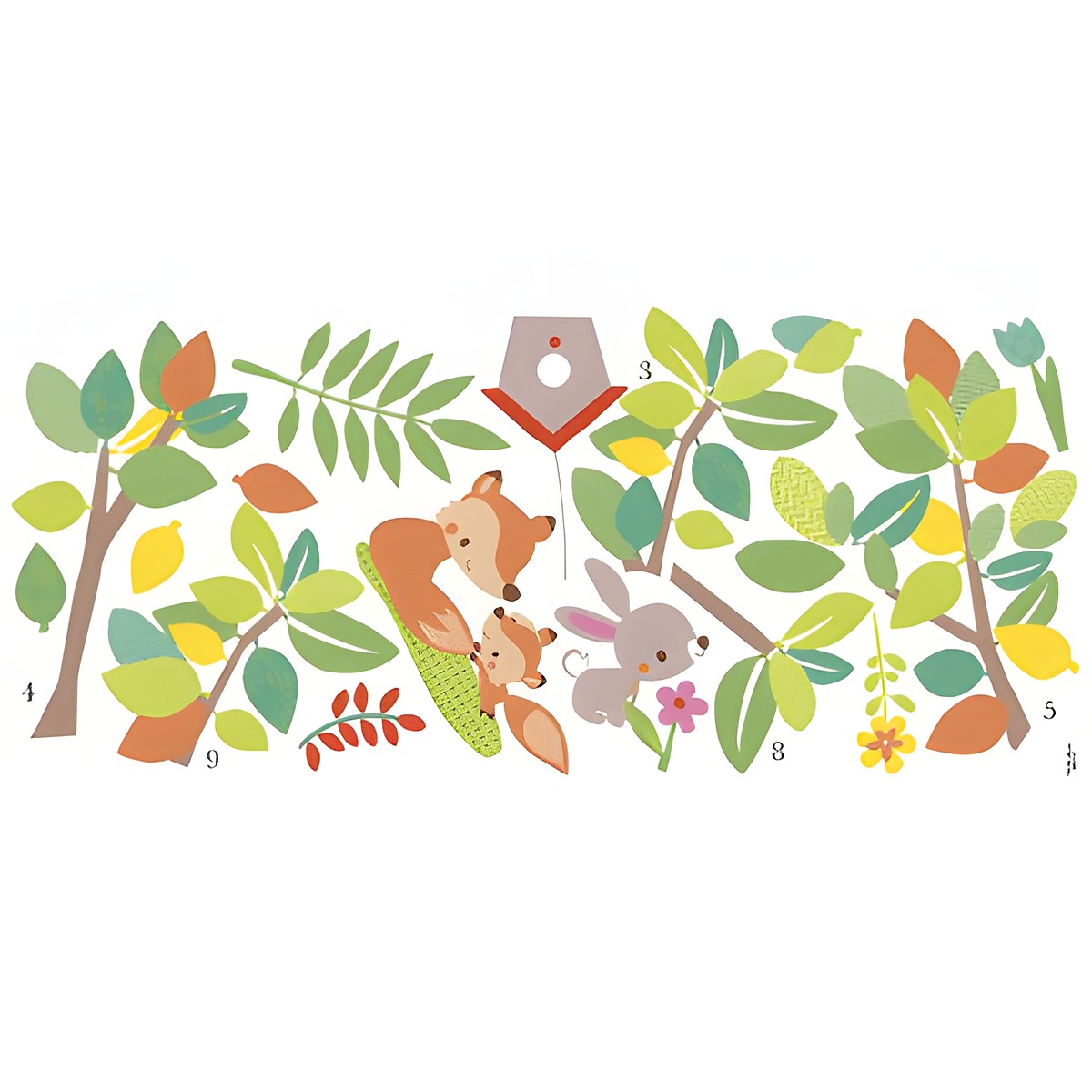 RoomMates Wandbild Woodland Waldtiere Baum, Klebebogen mit nummerierten Blätter-, Ast- und Fuchs-Motiven auf weißem Untergrund