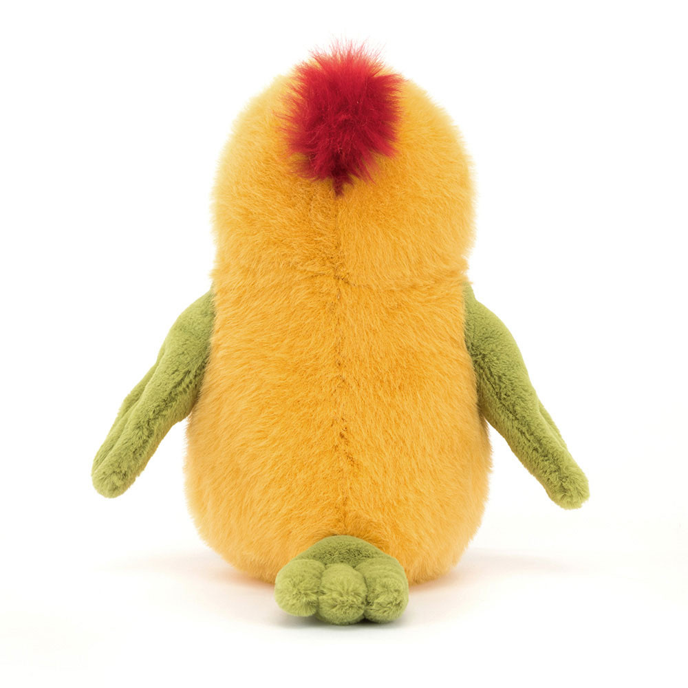 Jellycat Kuscheltier Papagei Budgeby Parrot, Rückansicht mit rotem Federschopf und grünen Flügeln