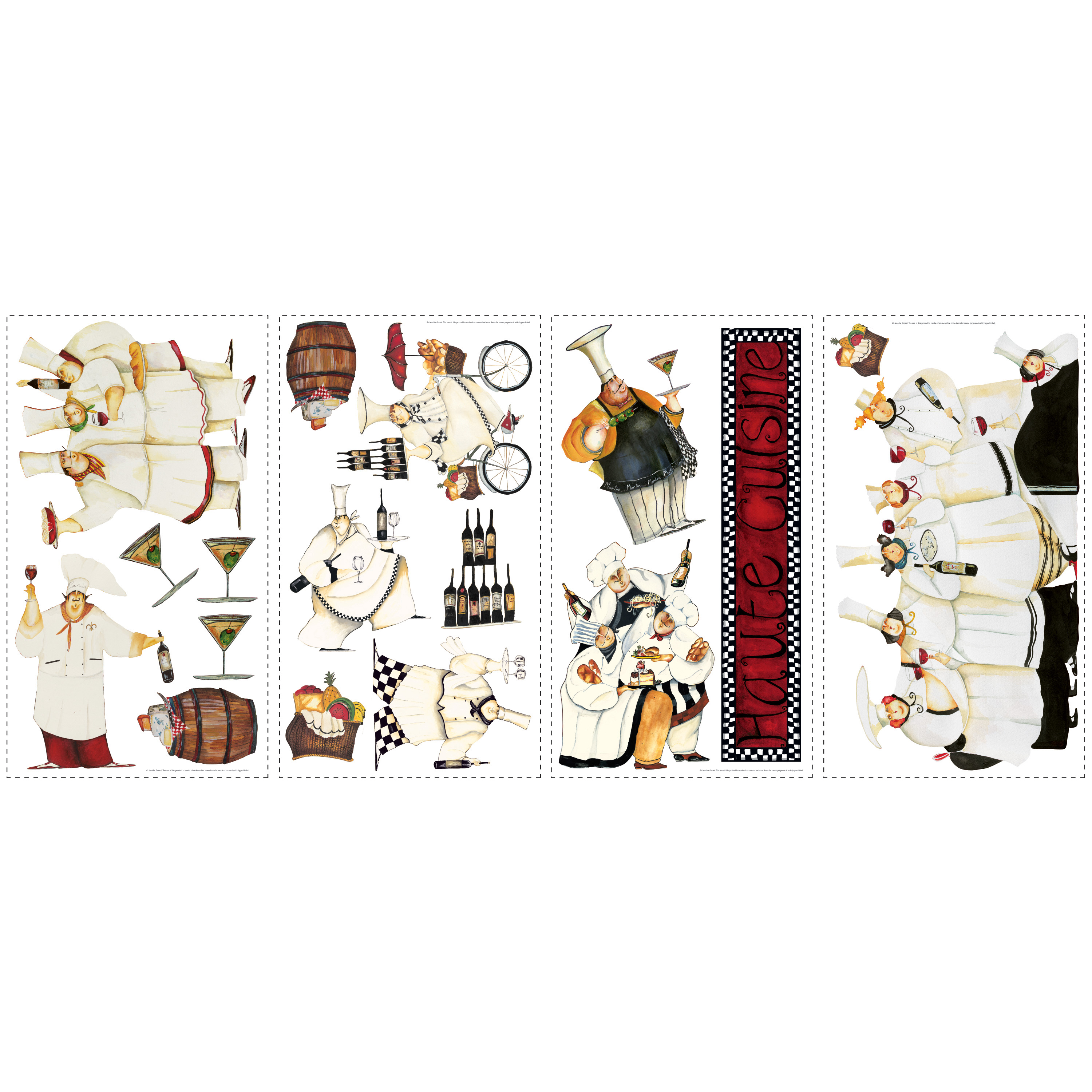 RoomMates wall decal Chefs Peel & Stick, four decal sheets with illustrated chefs, wine bottles and barrel motifs on a white background