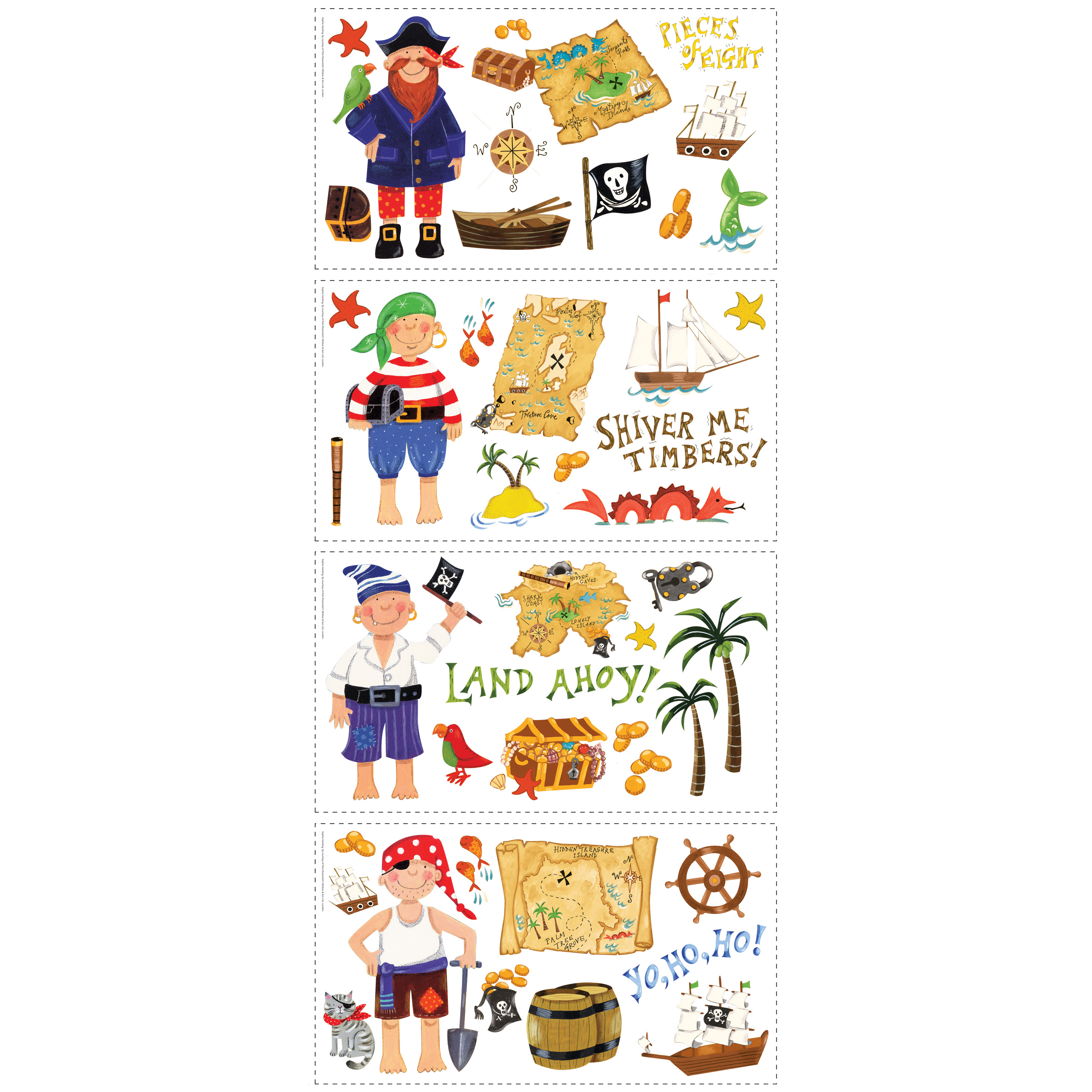 RoomMates wall decal Treasure Hunt, four decal sheets with pirate boy, ship and treasure map motifs on a white background